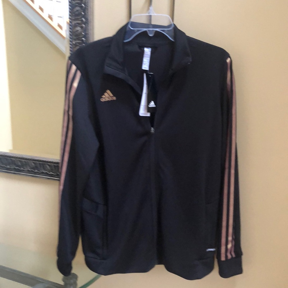 NWT Adidas womens Large athletic Aeroready Black zip jacket w Rosegold detail